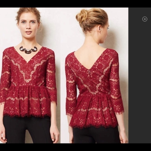 Anthropologie Tops - Anthropologie Maeve Burgundy lace peplum top